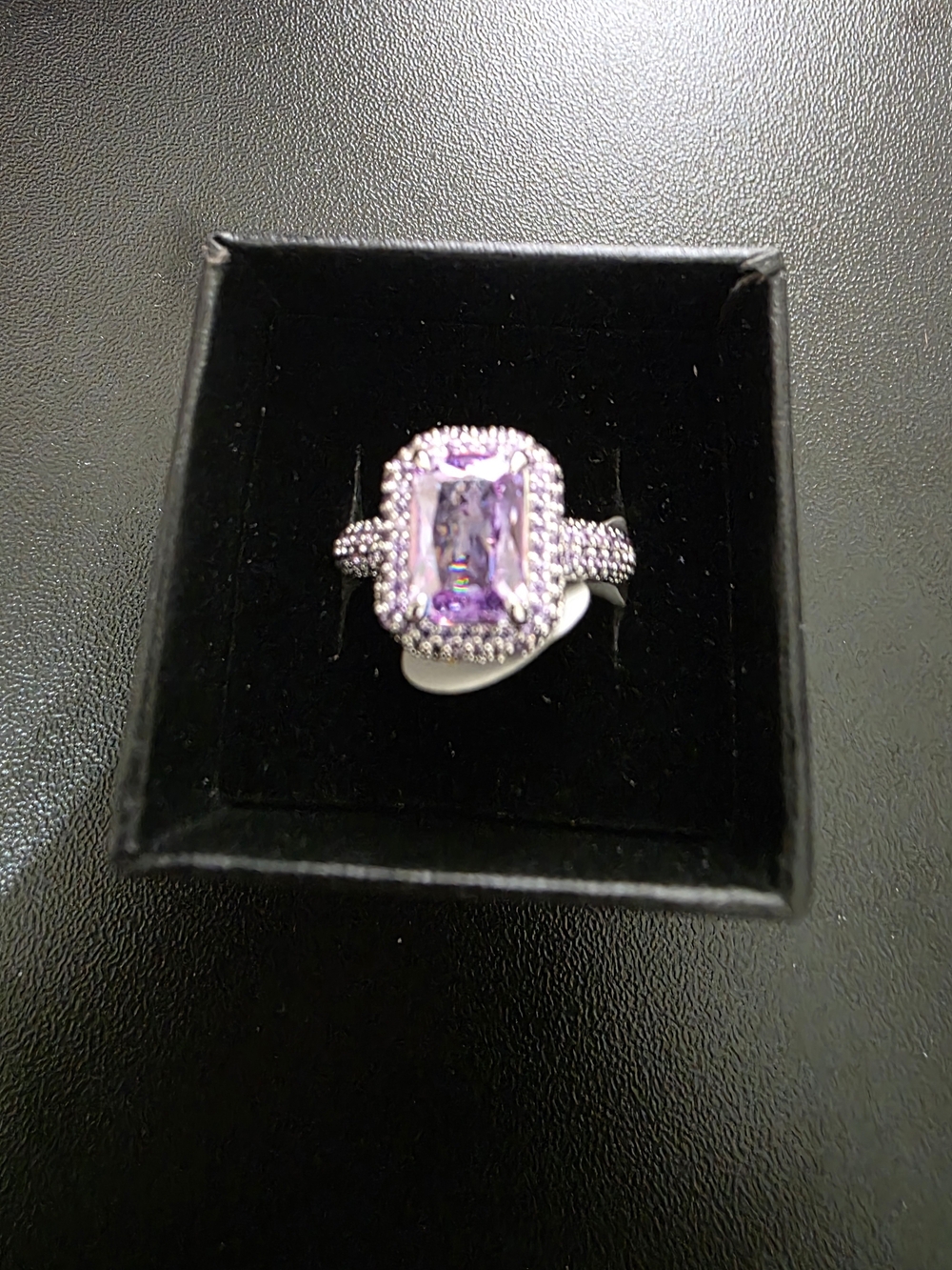Silver Halo Ring with Purple Emerald-Cut Center Stone